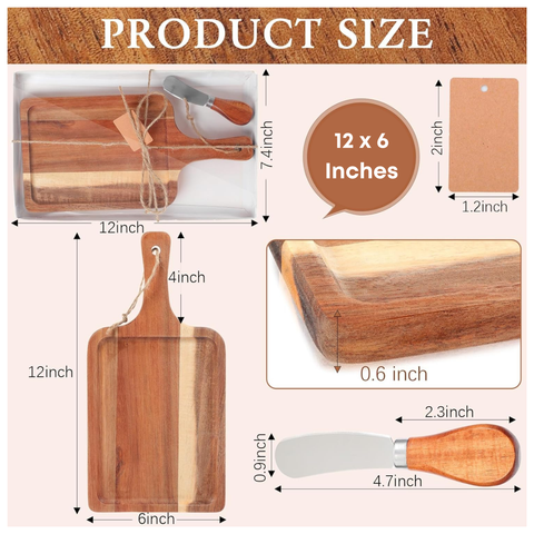 Acacia Wood Charcuterie Board with Knife Wooden Serving Tray with Groove Acacia Wood Cutting Board (12 x 6 Inches)