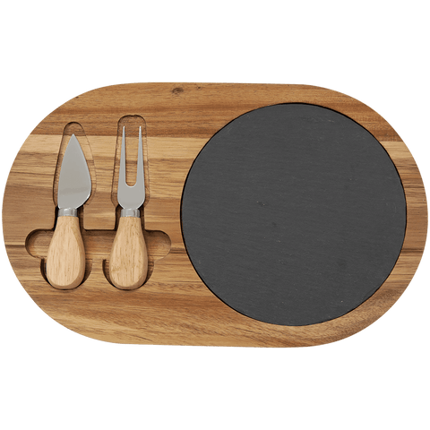 12 1/2" x 7 3/4" Acacia Wood/Slate Oval Cheese Set with Two Tools