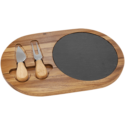 12 1/2" x 7 3/4" Acacia Wood/Slate Oval Cheese Set with Two Tools